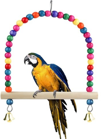 Natural Wooden Bird Swing With Bell, Colorful Parrot Cage Hanging Toy, Perch Stand Boredom Breaker for Budgie, Parakeet, Cockatiel (L)