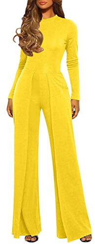 Generisch Jumpsuit Women's Elegant Summer Trouser Suit with Belt Elegant Long Sleeve Crew Neck Jumpsuit Long Wide Legs Formal Rompers Evening Wear Women's Festive, yellow, L