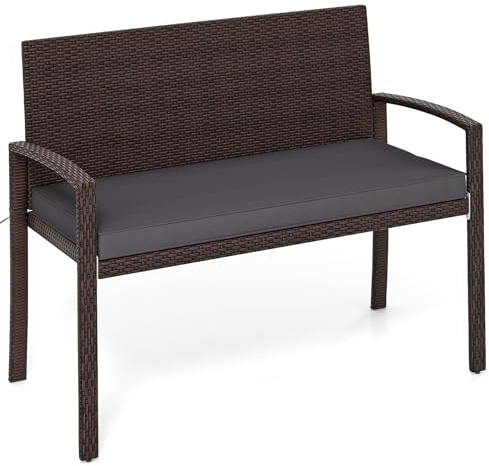 COSTWAY Panchina da Esterno in Rattan PE 110 x 56 x 84 cm, Panchina da Giardino con Morbido Cuscino, Schienale e Braccioli, Poltrona per Veranda, Balcone e Ingresso (Grigio)