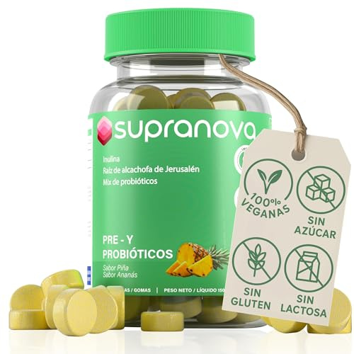 Gominolas con prebióticos y probióticos intestinales (alta concentración) (60 gummies SIN AZUCAR). Gomitas para mejorar la flora y salud digestiva y reducir gases e hinchazon adultos. 100% veganas