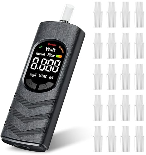 Alcohol Breathalyzer Tester UK – Professional Portable Digital Breathalyser with Type-C Rechargeable, LCD Display & 20 Mouthpieces for Personal, Home, and Professional Use