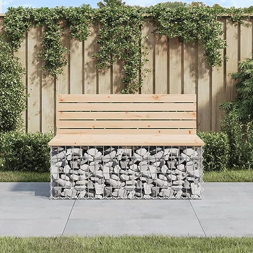 QZZCED Banco de Jardín con Diseño de Gaviones y Asiento de Madera Maciza de Pino 103x70x65 cm para Exteriores, Resistente y Estable, Base de Acero Galvanizado, Ideal para Patios