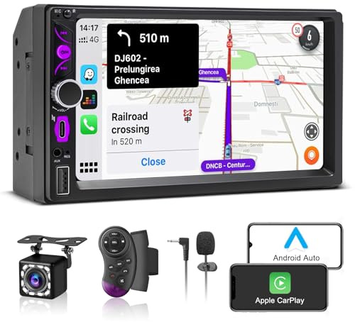 Radio Coche 2 DIN con Wired CarPlay&Android Auto,7 HD Carplay Coche con Pantalla táctil,Autoradio con Bluetooth,Mirror Link,FM,AUX,Cámara de Respaldo,Navegación GPS,Control por Voz,Type-C,USB,SWC