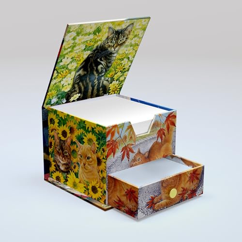 Red Robin Publishing Ivory Cats Memo Cube With Handmade Drawer, Decorative Memo Block Desk Organiser, Notepad, 400 Sheets Plain Square Paper, Tidy Cube For Storage, 11cm x 11cm, Practical & Re-usable