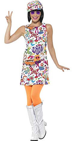 shoperama 60's Groovy - Vestido de mujer con gorra de globo, línea A, minifalda de los años 60, Sixties, Twiggy, flor, poder, amor de la paz, hippie, talla: M