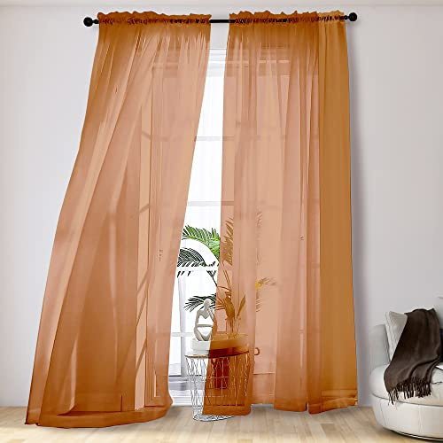 OVZME 2 Panel Solid Color Orange Sheer Curtains, 96 Inch Long Elegant Window Voile Panels/Draperies/Treatment for Living Room & Sliding Glass Door, 84 W