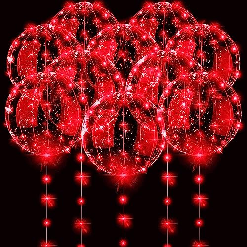 LED-ballonger 10-pack, 50 cm upplysta boboballonger, heliumstil, glödande bubbelballonger för jul bröllop födelsedag alla hjärtans dag halloween festtillbehör dekorationer (rött ljus)