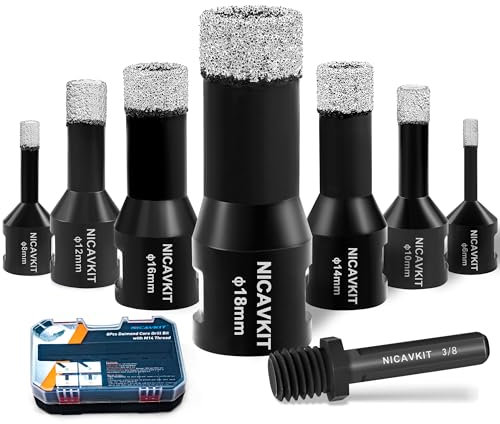 NICAVKIT 8Pcs Diamant Fliesenbohrer Set mit Adapter, M14 Diamant Lochsäge Bohrkrone Kit 6/8/10/12/14/16/18mm Diamantbohrer Set für Porzellan Fliese Granit Marmor Fliesen Bohren
