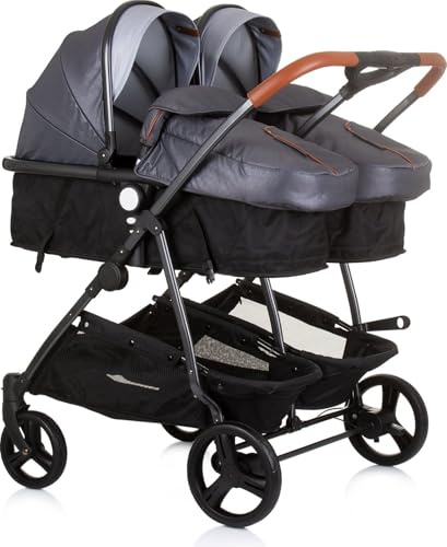 Chipolino, passeggino per fratelli, New Twin Duo Smart, pieghevole, cestino, colorazione:grigio grigio grigio chiaro