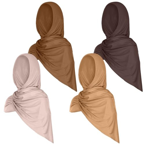 Vabean 4 Pcs Instant Hijab for Women Jersey Hijabs Pinless Ramadan Islamic Muslim Head Wraps Premium Head Scarf Shawl turban(Vanilla, Camel, Dark Ginger, Dark Brown)
