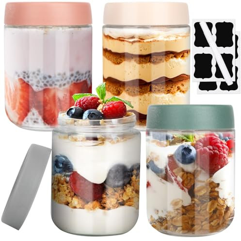 Ezvsevuo 4 Overnight Oats Gläser, 500ml Luftdichte Meal Prep Gläser, Einmachgläser mit Schraubdeckel, Multifunktionale Hausgemachte Marmeladebecher Müslibecher Joghurtbecher Puddingbecher to Go Glas