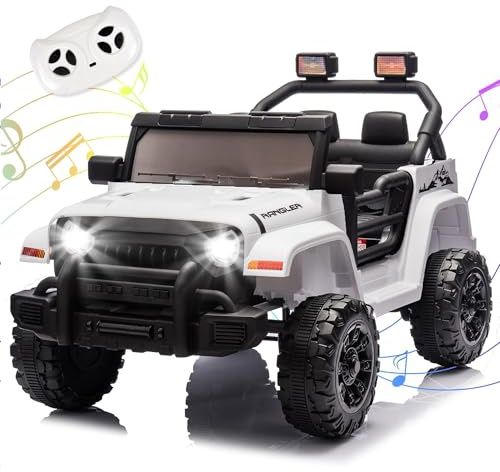 OKYBABY Ride on Truck Car, 12V Kids' Electric Vehicles W/Parents Control, Ride on Toys for Toddlers with Music, Bluetooth, Four-Wheels Suspension, USB, Headlights, White