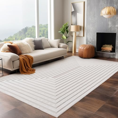 Carpettex Teppich Indoor Outdoor Teppich Bordüre Design 240x340 cm Cream 3D Optik Wetterfest Waschbar Natur Creme
