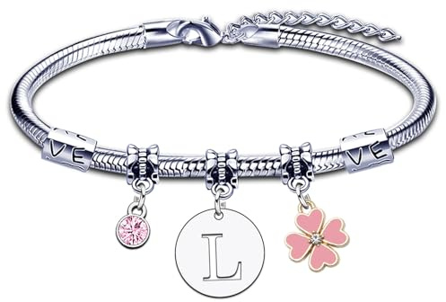 Bracelet pour Femme Fille A B C D E F G H I J K L M N O P Q R S T U V W X Y Z Bracelet Lettre Initiale Pendentif Cadeau pour Amie Fille Sœur Collegue Maman Couple Anniversaire Saint Valentin (1L)