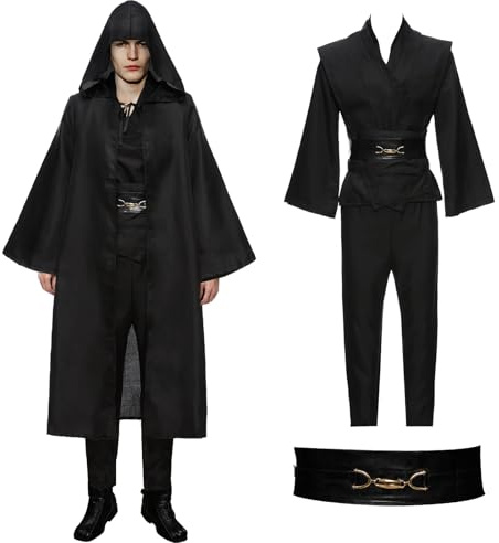 Moiuguli Disfraz Jedi Adulto, Obi Wan Kenobi Túnica Jedi Túnica con Capucha Capa, 7 Piezas Medieval Halloween Carnaval Cosplay, Disfraz de Caballero Set de Accesorios