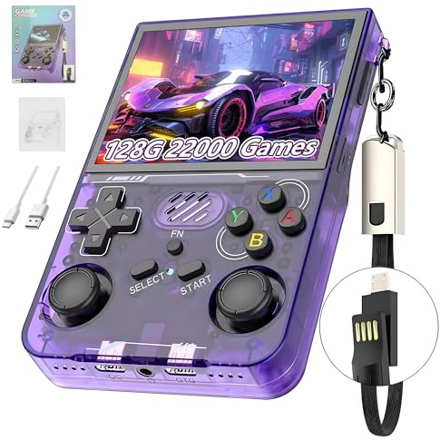 R36XX Retro Gaming Console 128G, Handheld Video Game Console 22000+ Classic Games 12+ Emulators, 3.5″ IPS OCA Screen, 640*480 Resolution, Open Source Linux System, WIFI Support (Purple)