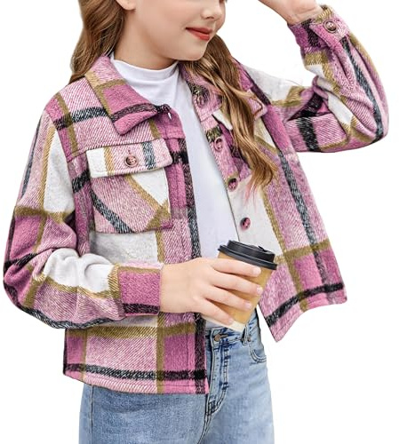 Arshiner Ragazze Camicie a Quadri Autunno-Inverno Camicie a Maniche Lunghe comode e alla Moda Giacca Corta con Risvolto abbottonata Bluse per Bambine 6-14 Anni