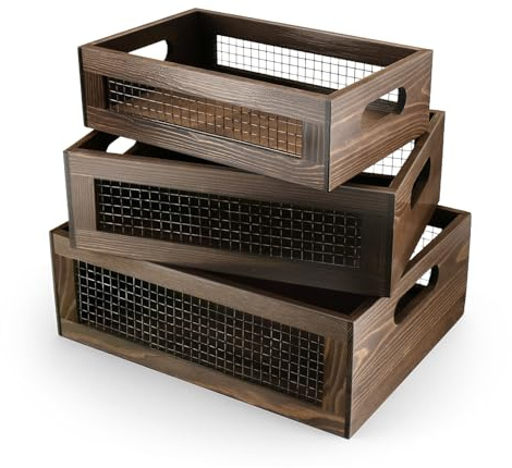 Nagoyuki Set of 3 Wooden Rustic Nesting Boxes, 3 Size Wooden Storage Box with Handle and Metal Wire, Wood Wire Containers with Handle for Countertop, Fruit, Pantry Storage,Gift Bas