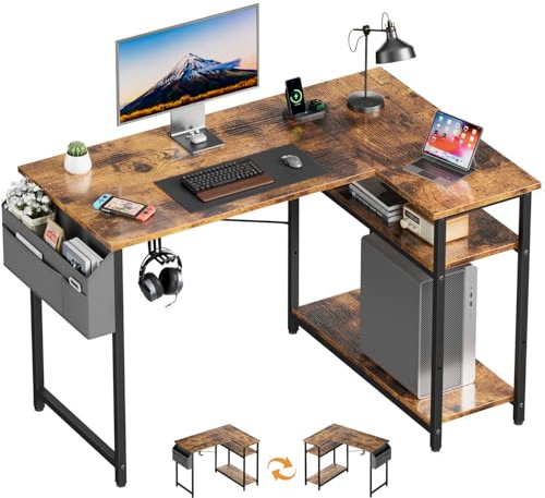 SOLAVERO Scrivania Angolare Reversibile 110 x 80 cm, Scrivania a L con Borsa Portaoggetti, Tavolo Computer con Ripiani, per Ufficio, Studio and Soggiorno, Tavolo Gaming Marrone