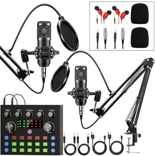 Brvomussy Podcast Equipment Bundle for 2, Audio Interface with Voice Changer Condenser Microphones for Gamer, All-In-One Audio Mixer Perfect for Live Streaming, Singing, YouTube, Gaming