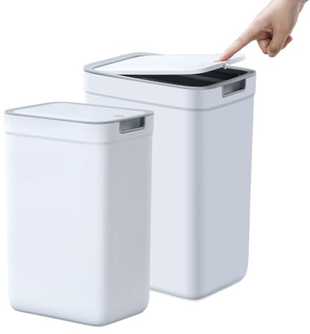 MOPUP Badrumskorg med lock, 2-pack, 13,5 liter 9 liter, smal soptunna, tryckknappslock, lämplig för badrum, sovrum, kontor, vardagsrum (vit)