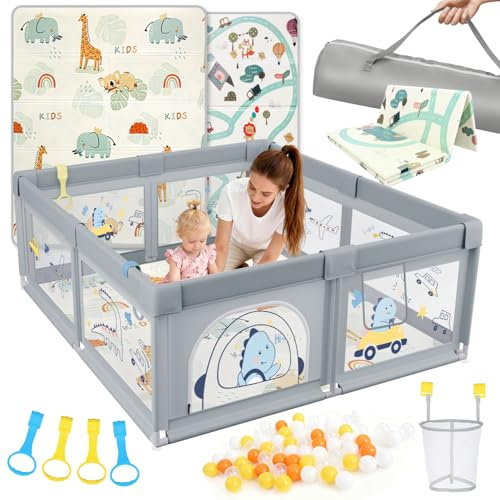 SPYLAVE Laufstall Baby 180x200cm mit Matratze, XXL Laufgitter Baby mit Rutschfestem Boden & Atmungsaktivem Netz, 210D Oxford Gewebe, Stabiler & Sicherer Babyspielplatz, Playpen, 60 Bällen, 4 Griffe