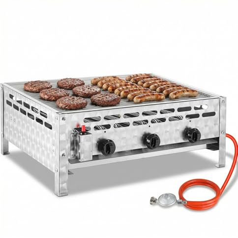 TLSUNNY Edelstahl Gasbräter 3-flammig 12 kW, Profi Gasgrill, Gastrobräter gas mit Grillrost, Tischgasgrill für Gastronomie, Outdoor, Garten, Wurstbrater, 59.5x48 cm Grillfläche, 4 PCS Füße