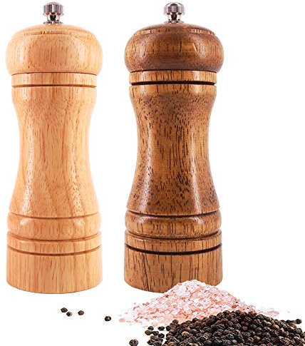 Salt and Pepper Grinders Set,Manual Wooden Salt and Pepper Mills Shakers, Ceramic Rotor with Strong Adjustable Coarseness (Wooden)
