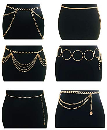 Tornito 6Pcs Multilayer Metal Hoop Link Waist Chain Belt Waistbands Tassel Belly Body Thigh Hip Jewelry Side Pant Chain Belt for Women
