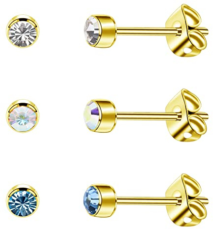 3 Par/Set Damörhängen, Titan, Allergivänliga Kristall Herrörhängen, 4 mm/5 mm Silver/Svart/Roséguld/Guldpläterade Örhängen för Flickor