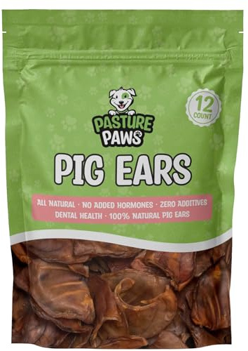 Pasture Paws Pig Ears for Dogs, 12-Pack – Natural Long-Lasting Dog Chews, Preservative-Free Treats, Promotes Healthy Teeth, Gums, and Muscle Development