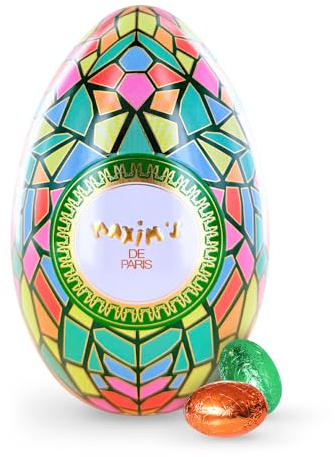 Maxim’s – Œuf métal vert mosaïque – Chocolats praliné & crème de noisettes – Coffret gourmand décoratif – Boîte métal réutilisable – 90 g