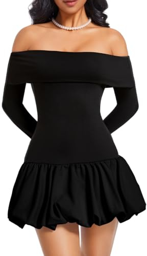 ChiaoLezhee Drop Waist Bubble Dress, Off Shoulder Mini Dresses for Women, Going Out Date Night, Homecoming Party Long Sleeve,Little Black Dress,Large