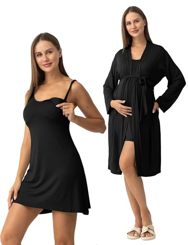 SUNNYBUY Women's Nursing Nightgown Maternity Robe Set, 3 in 1 Labor Delivery Breastfeeding Dress Postpartum Sleepwear, Black L