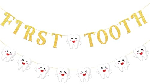 Bannière précontrainte pour première dent - Guirlande de lettres dorées à paillettes - Jolie guirlande de dents de lait suspendues en forme de dents de lait pour bébé - Décoration de fête prénatale
