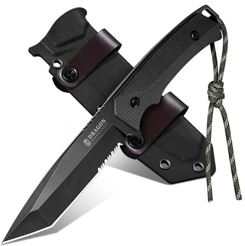 Dragon Creek Couteau de Camping à lame fixe en D10 avec étui Kydex – Idéal pour Randonnée et BBQ, À Lame Dentée