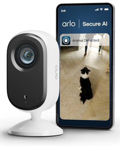 Arlo Essential 2 Indoor 2K, Caméra de Surveillance WiFi Intérieure pour Animaux de Compagnie, Vision Nocturne, Audio bidirectionnel, avec obturateur d'objetif, Essai Secure Inclus, 1 Caméra Blanc