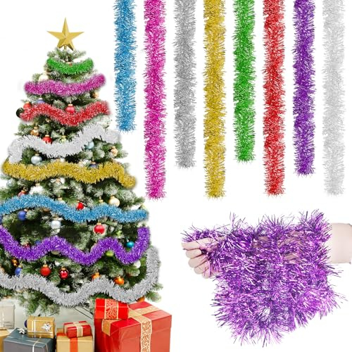 Joxessaien Espumillón para árbol de Navidad, 4 unidades × 2 m, guirnalda de 8 m, decoración navideña, guirnalda de oropel en oro, azul, verde y blanco, decoración de árbol de Navidad para interior y