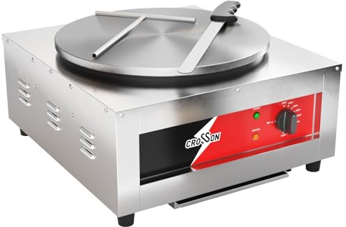 CROSSON Commercial Electric Crepe Maker, 16-Inch Large Cooking Plate 1800W ETL Certified, Stainless Steel Pancake Griddle with Accessories Storage & Metal Spatula/Spreader