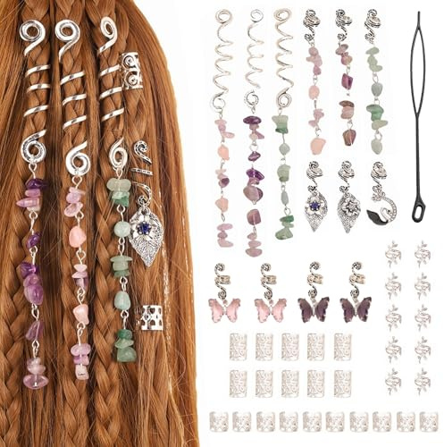 Joyeee Kit de 46PCS Perles Argent pour Cheveux – Tassels en Pierre Cristal Naturelle Spirales Manchettes Filigrane Pendentifs Papillon avec Outil de Perlage pour Tresses Dreadlocks