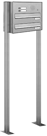 AL Briefkastensysteme 2er Edelstahl Durchwurfbriefkasten mit Klingel, Standbriefkasten modern, 2 Fach Doppe-Briefkasten-Anlage V2A Edelstahl Postkasten