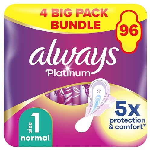 Always Platinum Extra Comfort Dambindor, storlek 1, normal, lätt flöde, 96 bindor med mjuka vingar (24 x 4 förpackningar) sparpack, läckageskydd, mikrokuddar, Fit&Flex Core, luktneutraliserare