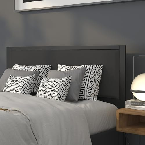 EMMA + OLIVER Queen Size Black Fabric Upholstered Panel Headboard with Metal Surround and Legs - Attaches to Standard Bed Frames