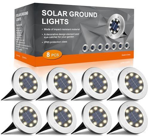 FLOWood Solar Bodenleuchte Solarleuchte für Garten Solar Außenleuchte 8 LEDs wasserdicht Edelstahl + Kunststoff 8 Stk [Energieklasse A+]