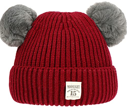 XYIYI - Berretto lavorato a maglia, invernale, caldo, spesso, con pompon, per bambini da 6 a 24 mesi, Vino, 6-24 mesi