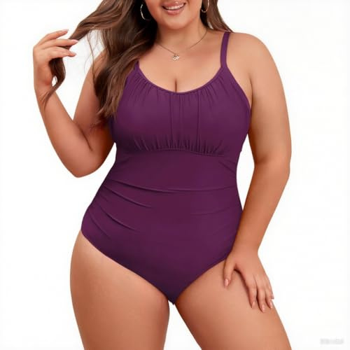 Durio Badeanzug Damen Große Größe Bauchweg Große Oberweite Einteiler Bademode Elegant Rüschen U Ausschnitt Swimsuit Violett 50 (Tag Size 4XL)