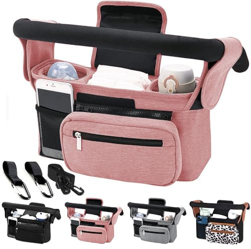 Tyuodna Kinderwagen Organizer Universal,Kinderwagen Tasche mit 2 Isolierten Becherhalter,Buggy Organizer,Kinderwagentaschen mit Schultergurt und Rutschfeste Sichere Haken (Rosa)