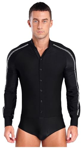 Runhomal Herren Tanz-Body Bodysuit Gymnastikbody Ballsaal Samba Latein Body Gymnastik Ballettanzug Langarm Performance Tanzkostüm Schwarz L