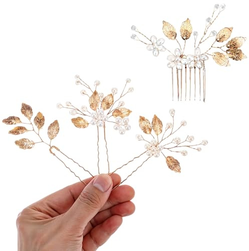Dimeho 4 horquillas para el pelo de novia, horquillas de pelo de hoja dorada con flor de perlas de cristal, accesorio para el pelo de boda, pinzas para el pelo vintage, accesorios de joyería para