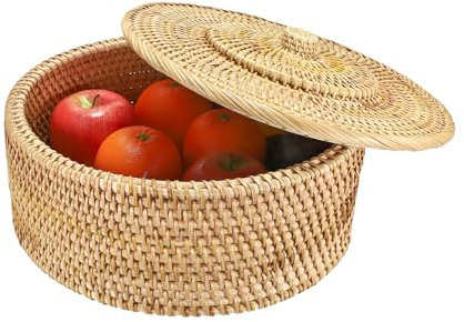 IGNPION Panier de rangement en rotin avec couvercle - Paniers de rangement décoratifs pour étagère et bureau - Corbeille à fruits, pain, œufs (D 30 x H 12 cm)